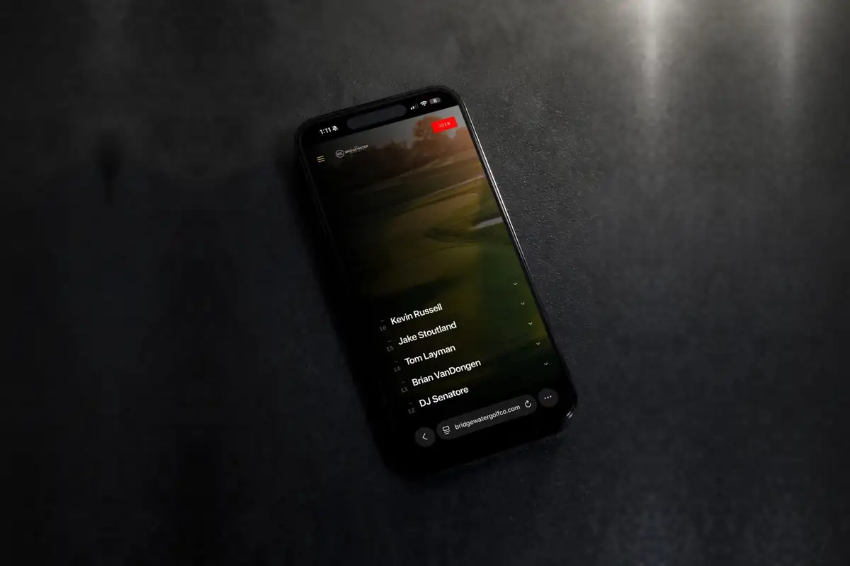 Bridgewater Golf Collective website on a phone, showing the podcast guest list