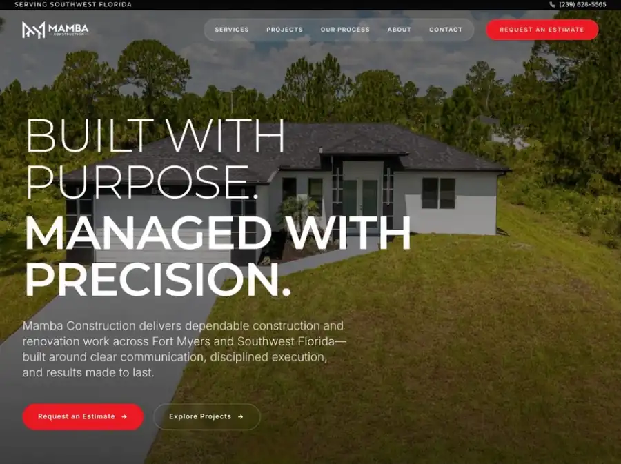 Mamba Construction website homepage designed and developed by Maze Marketing Development