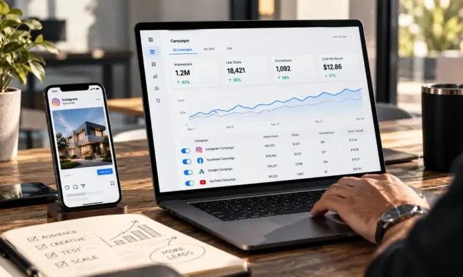 Laptop showing a paid ads campaign dashboard with Instagram, Facebook, Google and YouTube campaigns
