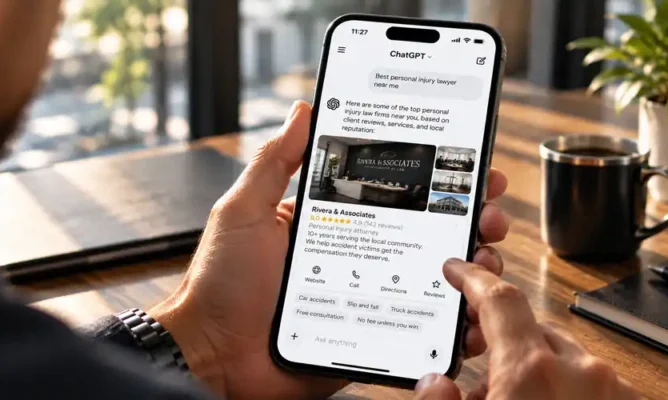 Phone showing ChatGPT recommending a local law firm for a near me search
